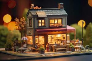 AI generated A charming and cozy coffee shop Set beside a busy highway with Warm and golden sunset light, and a Picturesque sunset view with vibrant colors. AI Generative photo