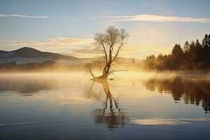 AI generated Wanaka's lone willow tree which is situated just off of the lake shore. AI Generated photo