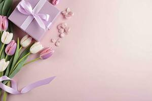 AI generated Mother's Day concept. Pink gift box with ribbon bow and a bouquet of tulips.  AI Generated photo