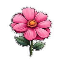 ai gegenereerd een sticker met roze bloem met bladeren en groen bladeren Aan een transparant achtergrond png