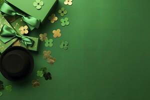 AI generated St Patrick's Day concept. leprechaun headwear gift boxes pot with gold coins. AI Generated photo