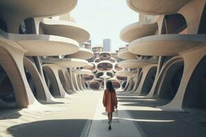 ai generado mujer caminando en futurista brutalista ciudad calle. ai generado. foto