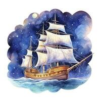 AI generated Night sea ship watercolor style for T-shirt design. AI Generated photo