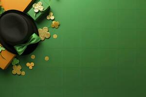 AI generated St Patrick's Day concept. leprechaun headwear gift boxes pot with gold coins. AI Generated photo