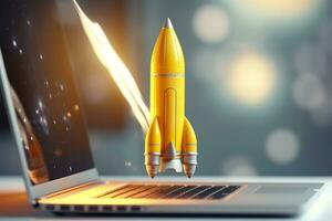 AI generated Launching a new product or service. Technology development process. Space rocket launch. 3d render. Yellow rocket lift up from the display laptop. AI Generative photo