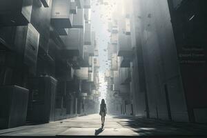 AI generated Woman walking in futuristic brutalist city street.  AI Generated. photo