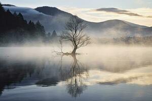 AI generated Wanaka's lone willow tree which is situated just off of the lake shore. AI Generated photo