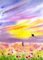 Hand painted watercolor sunset landscape. Watercolor landscape with a poppy field and a boy running with a kite. Happy childhood. vector