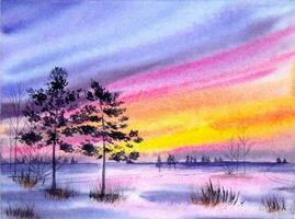 Hand drawn watercolor winter sunset landscape. Watercolor winter landscape with trees. vector