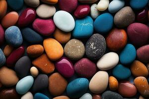 AI generated colorful pebbles texture background, closeup multicolored smooth stones photo