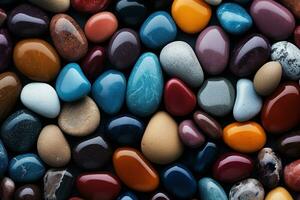 AI generated colorful pebbles texture background, closeup multicolored smooth stones photo