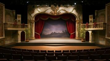 AI generated Theater stage. Background with copy space. Cultural leisure and event. Red curtains and interior. photo