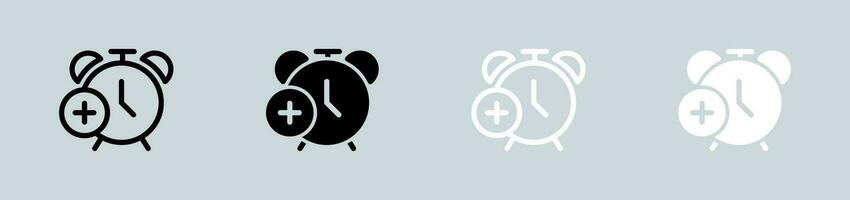añadir alarma icono conjunto en negro y blanco. Temporizador señales vector ilustración.