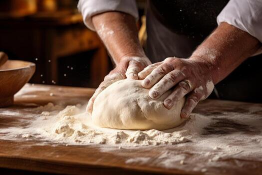 AI generated Photo of a baker kneading dough for artisan bread. Generative AI
