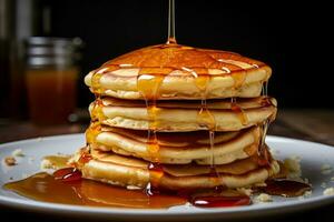 AI generated Photo of a stack of fluffy pancakes with syrup. Generative AI