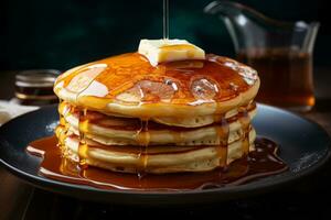 AI generated Photo of a stack of fluffy pancakes with syrup. Generative AI