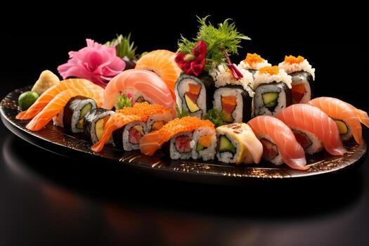 AI generated Photo of a sushi assortment on a decorative platter. Generative AI