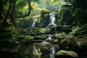 AI generated Photo of a serene forest glade with a hidden waterfall. Generative AI