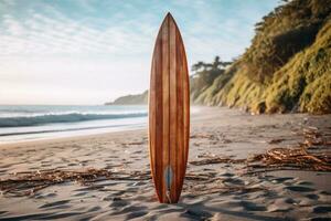 AI generated Photo of a classic wooden surfboard on a beach. Generative AI