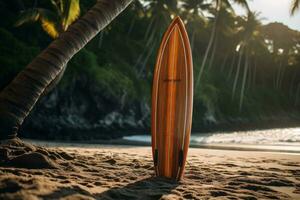 AI generated Photo of a classic wooden surfboard on a beach. Generative AI