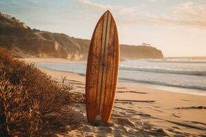 AI generated Photo of a classic wooden surfboard on a beach. Generative AI