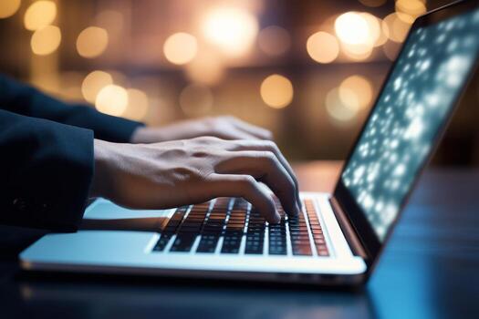 AI generated Photo of a close-up of a person's hands typing on a sleek laptop. Generative AI