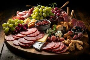 AI generated Photo of a gourmet cheese and charcuterie board with accompaniments. Generative AI