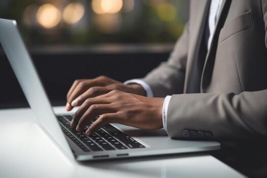 AI generated Photo of a close-up of a person's hands typing on a sleek laptop. Generative AI