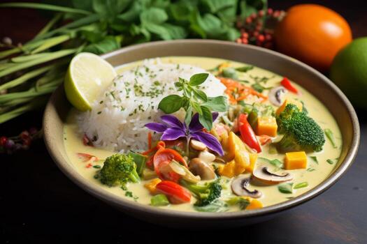 AI generated Photo of a bowl of Thai green curry with herbs on a pristine white desk. Generative AI