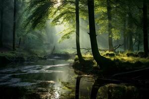 AI generated Photo of a serene forest landscape with misty morning light. Generative AI