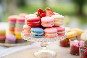 ai generado foto de un Agua en la boca surtido de vistoso macarons en un postre mesa. generativo ai