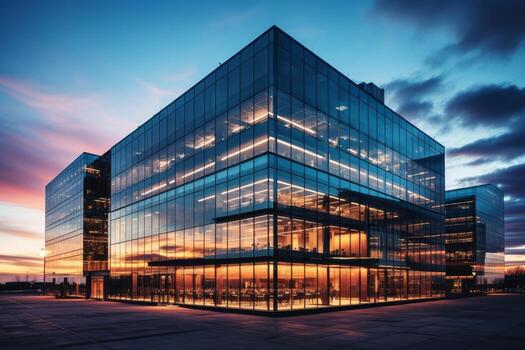 AI generated Photo of a corporate building with a glass facade at sunset. Generative AI