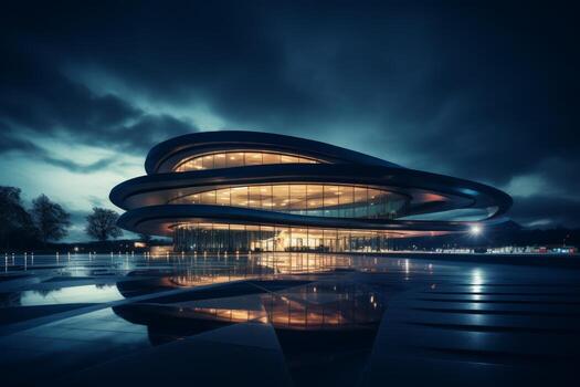 AI generated Photo of a futuristic office building exterior at night. Generative AI