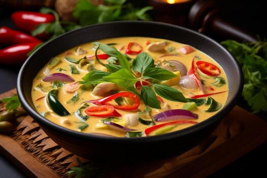 AI generated Photo of a bowl of Thai green curry with herbs on a pristine white desk. Generative AI