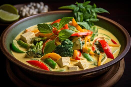 AI generated Photo of a bowl of Thai green curry with herbs on a pristine white desk. Generative AI