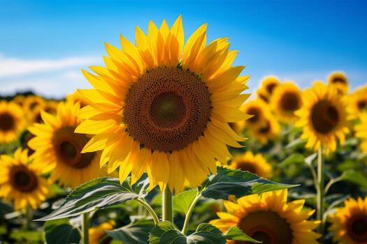 AI generated Photo of a close-up of a vibrant and blooming sunflower field. Generative AI