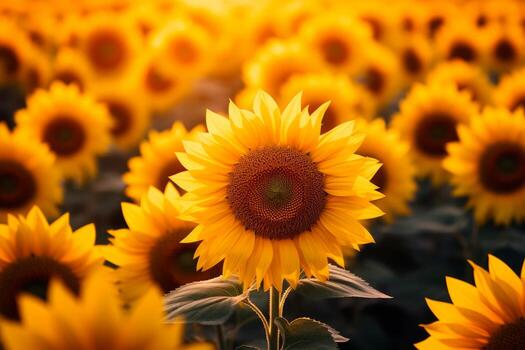 AI generated Photo of a close-up of a vibrant and blooming sunflower field. Generative AI