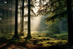 AI generated Photo of a serene forest landscape with misty morning light. Generative AI