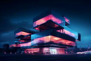 AI generated Photo of a futuristic office building exterior at night. Generative AI