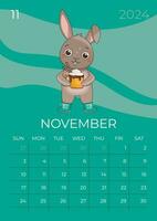 Vertical children calendar 2024. Month of November. Hare in warm boots holds a mug with a hot tasty drink and drinks. A5 format. Vector graphic.