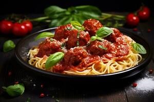 AI generated Photo of a classic spaghetti and meatballs dish with a savory tomato sauce. Generative AI