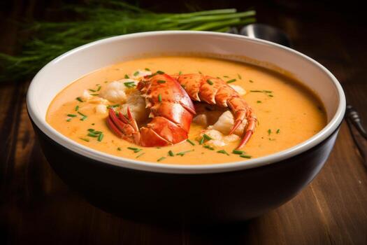 AI generated Photo of a bowl of rich and creamy lobster bisque soup. Generative AI
