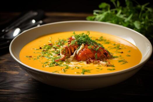 AI generated Photo of a bowl of rich and creamy lobster bisque soup. Generative AI