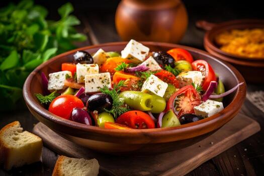 AI generated Photo of a colorful and appetizing Mediterranean salad with feta cheese and olives. Generative AI