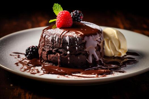 AI generated Photo of a decadent chocolate lava cake oozing with warm, gooey chocolate. Generative AI