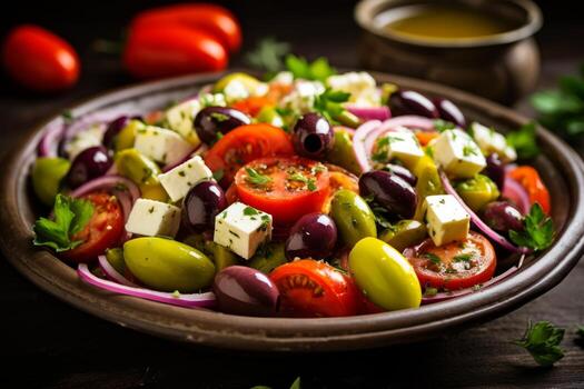 AI generated Photo of a colorful and appetizing Mediterranean salad with feta cheese and olives. Generative AI