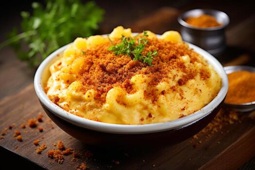 AI generated Photo of a delectable bowl of creamy macaroni and cheese with a crispy breadcrumb topping. Generative AI