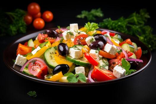 AI generated Photo of a colorful and appetizing Mediterranean salad with feta cheese and olives. Generative AI