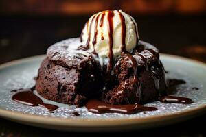 ai generado foto de un decadente chocolate lava pastel rezumando con cálido, pegajoso chocolate. generativo ai