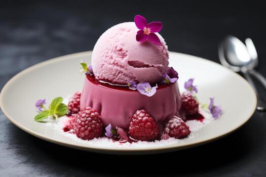 AI generated Photo of a fine dining dessert, like a raspberry sorbet with edible flowers. Generative AI